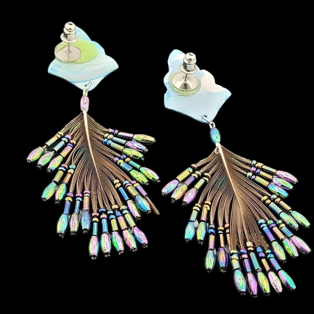 Handcrafted Iridescent Peacock Feather & Bead Earrings Shell Leaf Design 3.5" - Picture 7 of 7